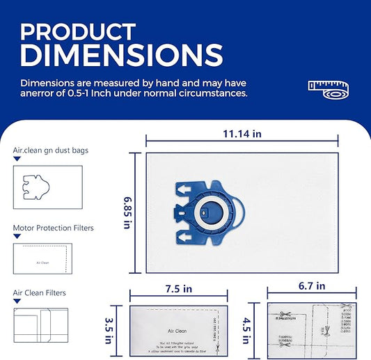 Vacuum Cleaner Bags Fit for Miele Classic C1 Complete C1 C2 C3 S227 S240 S270 S400 S2 S5 S8 Series, Include 15 Packs 3D Efficiency Airclean Bags with 3 Motor Protection Filters and 3 AirClean Filters