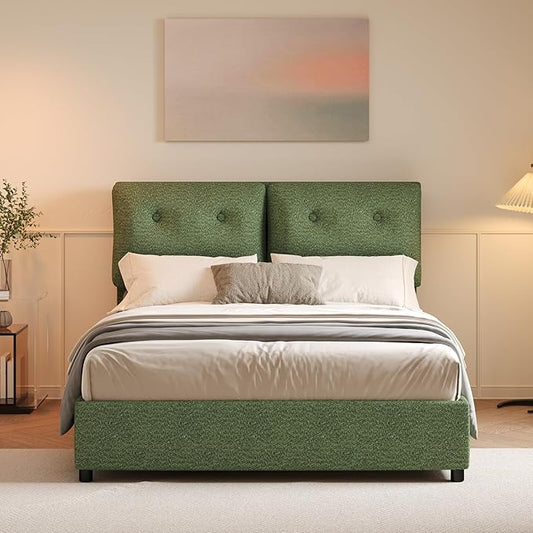Queen Bed Frame with Headboard, Cloud Boucle Upholstered Bed Frame, Modern Soft Style, Adjustable Headboard, No Box Spring Needed, Easy Assembly, Green