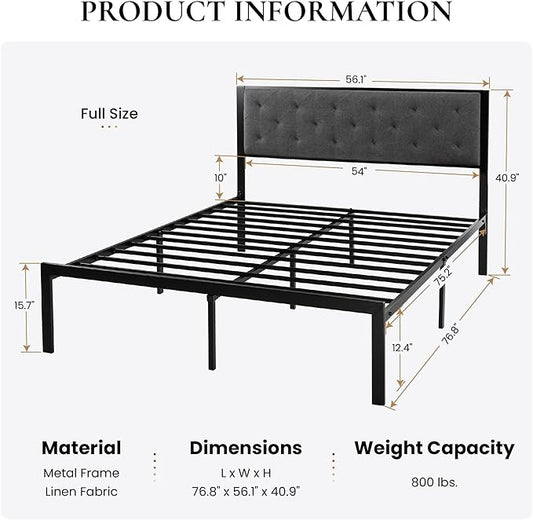 SHA CERLIN Full Size Metal Platform Bed Frame,Linen Upholstered Button Tufted Headboard, Mattress Foundation with 12.4” Under-Bed Storage, Noise-Free, Easy Assembly, No Box Spring Needed, Dark Grey