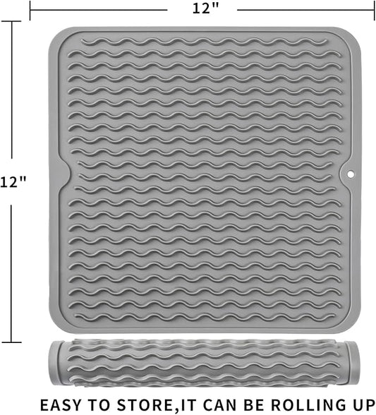Silicone Dish Drying Mat for Multiple Usage,Easy clean,Eco-friendly,Heat-resistant Silicone Mat for Kitchen Counter or Sink,Refrigerator or Drawer liner Grey M 12 inches x 12 inches