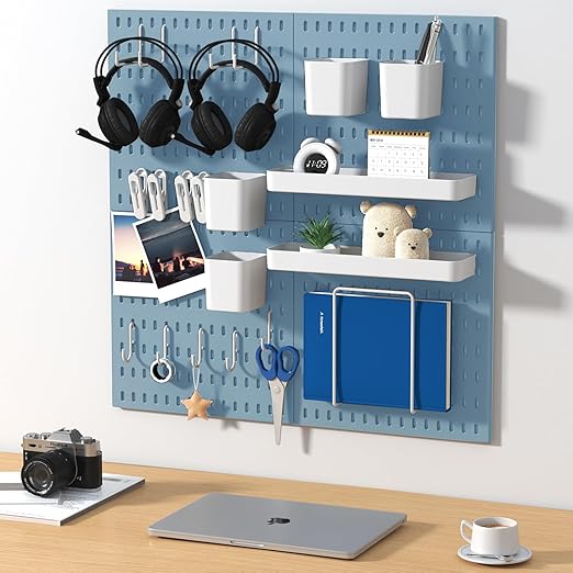 Peg Board Combination Kit, 4 Pegboards with 20 Accessories, Pegboard Wall Organizer for Office, Nursery & Home Storage, Key Holder, 25.6"x25.6" – Nail-Free Installation(Blue)