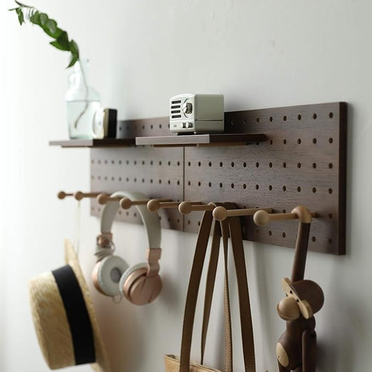 Wooden Pegboard Modular Display Organization Storage Wall Hooks Shelf(Color:Walnut)