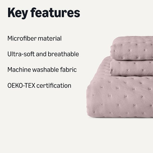 Amazon Basics Brushed Microfiber Quilt Set, Extra Soft with Natural Texture, 3-Piece,King, Purple