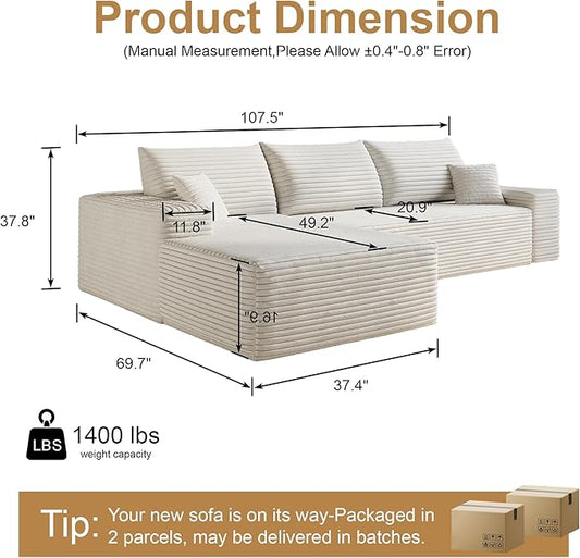 108" Sectional Couches for Living Room Modern Modular Sofa with L-Shape Couchs Upholstered Boneless Couch Deep Seat Sectional Couch with Chaise (White, Left Facing Chaise+2Seaters)
