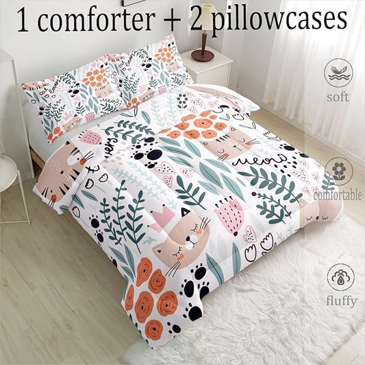 CVHOUSE Cat Bedding,Cartoon Cat Comforter King,Animals Print Comforter Set for Kids,Kawaii Quilt Set with 1 Comforter and 2 Pillow Cases