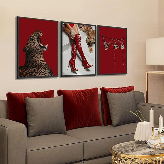 XLYFVLGF 3Pcs Red Fashion Leopard Wall Art Cheetah Wall Decor Pictures Stylish long boots print Bikini Painting Artwork for Living Room Bedroom Bathroom Corridor Home Decoration 16x24in Poster