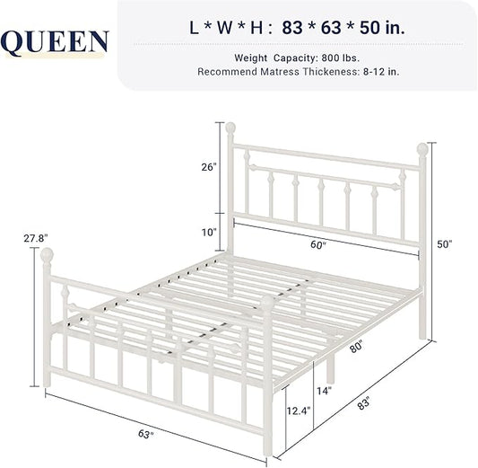 Allewie 14 Inch Queen Size Metal Platform Bed Frame with Victorian Vintage Headboard and Footboard/Mattress Foundation/Under Bed Storage/No Box Spring Needed/Easy Assembly/Noise Free/White