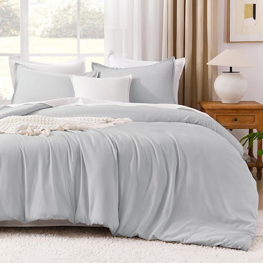 Litanika Comforter Set, Lightweight Solid Bedding Comforter Set, Fluffy Down Alternative Bed Set, Light Grey, Oversized King