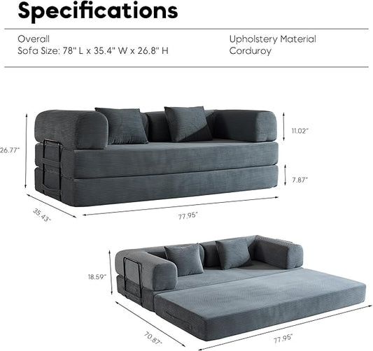 Comfy Convertible Folding Mattress Couch, Floor Sofa Bed with Fixed-Shape Frame, Corduroy Floor Sofa with Armrest, Floor Sofa Lounge Couch for Living Room Bedroom Lounge Studio,Grey