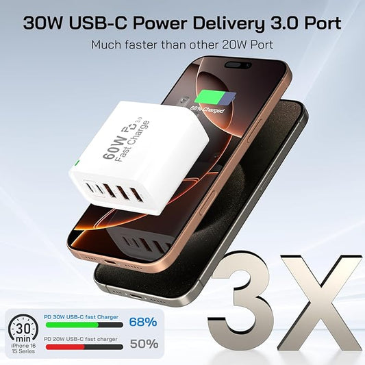 2Pack USB C Fast Charger Block, 60W 5-Port USB C Wall Charger with 6.6FT USBC to USBC Cord, 2USB C+3USB A PPS/PD 3.0 Multiport Charging Cube for iPhone 17 16 15 Pro Max,for Galaxy S25 S24 Ultra,i Pad