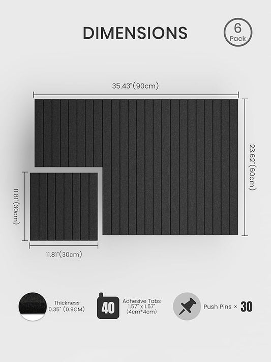 Bumusty Large Cork Board Alternative-36 x24 Felt Bulletin Board Tiles, with 30 Pushpins, 40 Adhesive Tabs, 6-Pack Slat Wall Paneling, Cork Boards for Office Push Pin Board Felt Board-Black