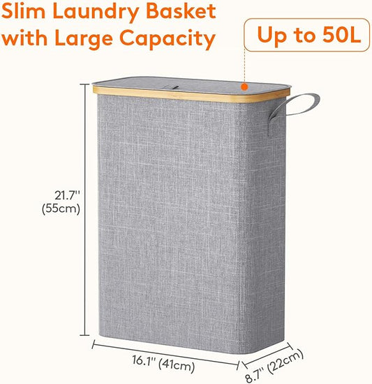 Lifewit 50L Slim Laundry Hamper with Lid, Narrow Laundry Basket with Removable Bag & Bamboo Handles, Fodable Thin Dirty Clothes Hamper for Laundry Collapsible Bin for Bathroom Bedroom Dorm, Gray