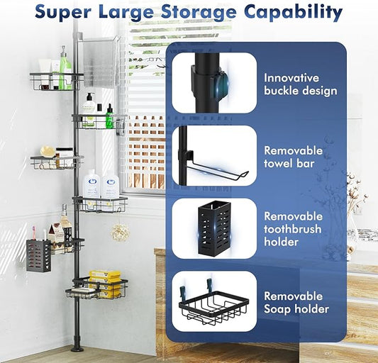Shower Caddy Organizer Tension Pole, Rustproof 6-Pack Corner Shelf with 30-120 Inch Adjustable Shower Rack for Inside Shower, Extra Towel Bar & Soap Dish for Bathroom Organizers and Storage, Black