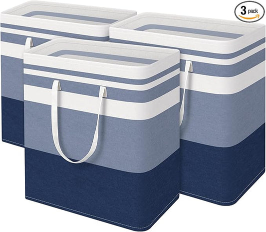 BlissTotes 3-Pack Laundry Basket, Freestanding&Waterproof Laundry Hamper, Collapsible Tall Clothes Hamper with Easy Carry Handles for Clothes, Towels in the Family and Dorm,Gradient Blue,125L
