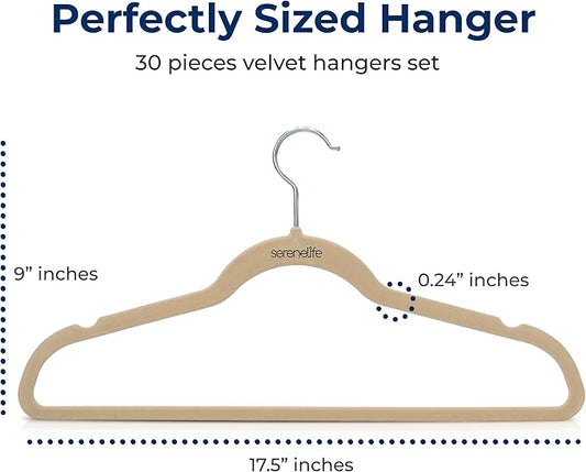 SereneLife 30 Pack Velvet Hangers – Non-Slip Clothes Hangers with Heavy Duty Design, Slim Space-Saving Coat Hangers with 360° Swivel Hook, Strong Lightweight Closet Organizer Set for Clothes (Ivory)