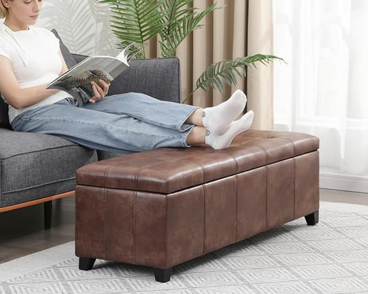 Homebeez 48" Faux Leather Storage Ottoman,End of Bed Bench,Upholstered Ottoman Bench with Storage for Living Room,Bedroom,Entryway