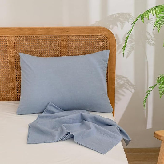 BESTOUCH 100% Washed Cotton Pillowcase for Hair and Skin Linen Feel Soft Comfortable Breathable 2 Set Pillow Case with Envelope Closure Solid Cornflower Blue Queen 20x30 Inches