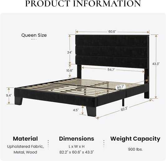 SHA CERLIN Queen Platform Bed Frame with Velvet Upholstered Headboard, Mattress Foundation with Strong Wooden Slats Support, No Box Spring Needed, Black