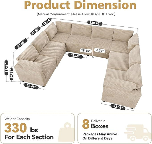 Large 8 Seat Modular Sectional Sofa with Ottoman Seat Corduroy Sleeper Sectional Sofa Bed Oversized Convertible Modular Couch for Living Room
