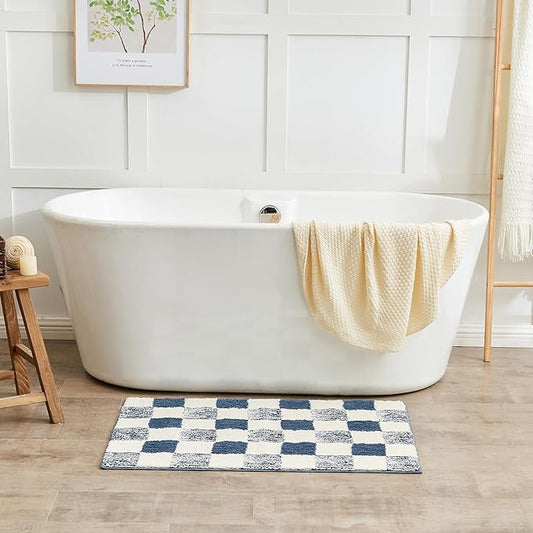 CozeCube Bath mats for Bathroom Non Slip, Fluffy Absorbent Microfiber Bath mat Washable, Aesthetic Bathroom Rugs, Cute Navy Blue Checkered Bath mat, Navy Blue, 32" x 20"