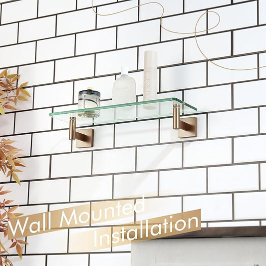 KOKOSIRI Wall Shelves Bathroom Hardware Glass Floating Shelf 16-Inch for Bedroom, Living Room, Kitchen, Hanging Rack Champagne Bronze B1105CPG-L16