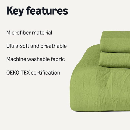 Amazon Basics Brushed Microfiber Comforter Set, Extra Soft with Natural Texture, 3-Piece, Queen/Full, Green