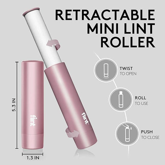 Flint Rose Gold Retractable Mini Lint Roller with 90 Extra Sticky Sheets, Small and Portable Lint Roller, Ideal Pet Hair Remover, Travel Lint Rollers for pet Hair Extra Sticky