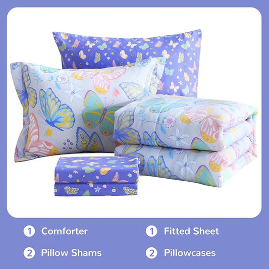 Viviland Kids Full Bedding Sets for Girls, Soft Full Comforter Set with Sheets, 7 Pieces Microfiber Bed in a Bag, Colorful Butterfly