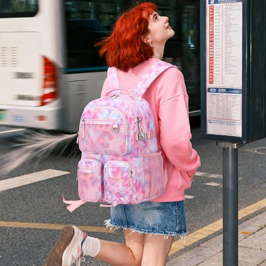 Lohol Multi-Pocket Backpack for Travel College, Heavy Duty Big Bookbag with 15.6 inch Laptop Compartment (Pink Galaxy