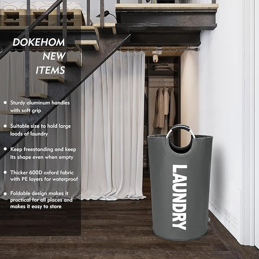 DOKEHOM 90L Large Laundry Basket, Collapsible Laundry Bag, Freestanding Tall Clothes Hamper, Foldable Washing Bin (Dark Grey)