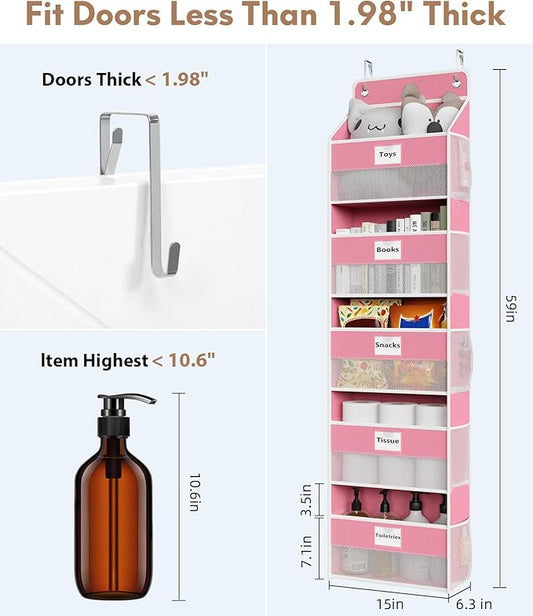 Over The Door Organizer Hanging, 5 Shelf Behind The Doors Storage, Pantry Door Organizer, Closet Organizers for Bedroom and Nursery (Pink)