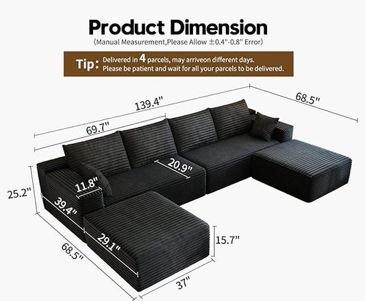 139.4" Modular Sectional Sofa, U-Shaped Minimalist Couches with 2 Ottomans Chaise, Modern Deep Seat Convertible Sleeper Sofa Bed,Cloud Plush Corduroy Fabric, No Assembly Required, 6 Seater, Black