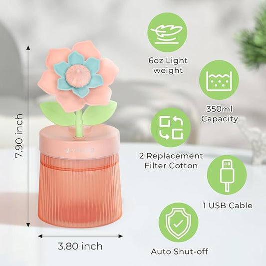 Cute Flower Mini Humidifier, Purple Gardenia Desktop Humidifiers for Bedroom, 260ml Portable Small Cool Mist Humidification, USB Powered, Auto Shut-Off, Perfect for Home, Office & Indoor Plants