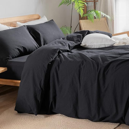 BESTOUCH Duvet Cover Set 100% Washed Cotton Linen Feel Super Soft Comfortable Chic Lightweight 3 PCs Home Bedding Set Solid Deep Black Queen