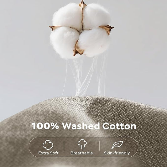 JELLYMONI Cotton Duvet Cover Queen Size - Taupe Comforter Cover with Button 100% Washed Cotton 3PCS Breathable Soft Solid Bedding Set Duvet Cover 90×90in & 2 Pillowcases (NO Comforter)