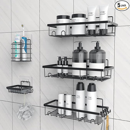 MakeFit 5 Pack Shower Caddy, Adhesive Organizer for Bathroom & Kitchen, Large Capacity Rustproof Stainless Steel Shelves No Drilling