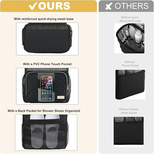 Portable Shower Caddy College, Quickly Dry Tolietry Mesh Tote Bag for Dorm Room Essentials, Hanging Bathroom Organizer Bag for Travel, Gym, Camping (Black)