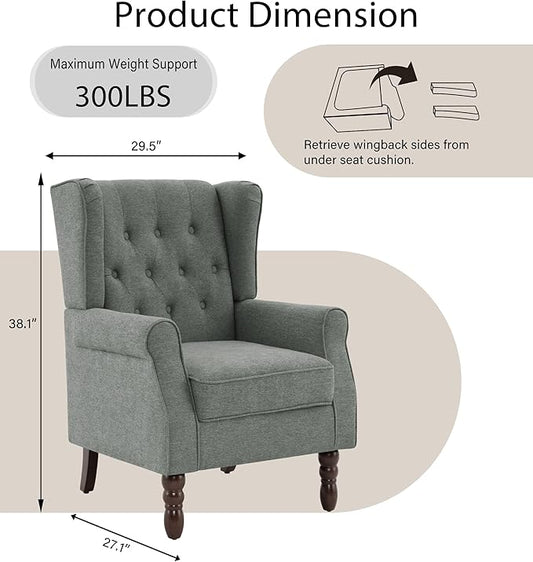 Lumibee High Back Accent Chair,Upholstered Wingback Armchair with Solid Wood Legs for Small Spaces,Comfy Single Sofa Chair for Living Room,Bedroom,Office-Gray