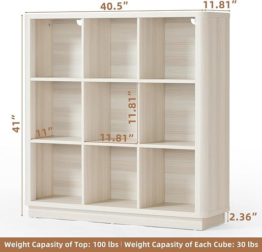9 Cube Storage Book Shelf, 41" Tall Organizer Bookcase with Curved Edge, Wood Floor Standing 3-Tier Cubby Bookshelf with Base, Vintage Display Book Case for Bedroom, Office, White Cream Oak