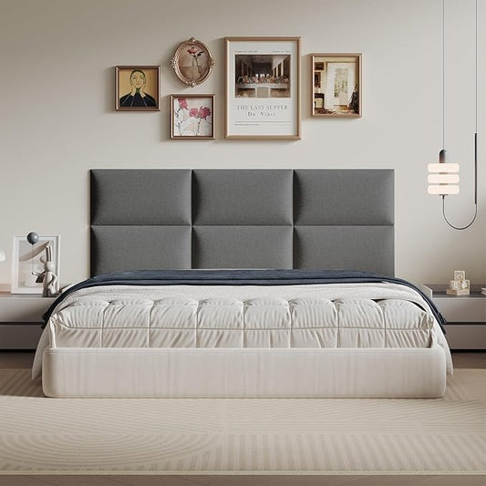 Oversized Dark Gray Linen Headboard 24x12 Inch 12-Panel Set - Wall-Mounted or Freestanding Design for Queen/King Beds, Durable Linen Upholstery