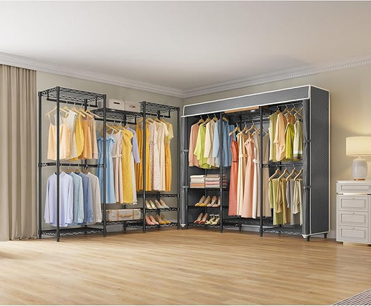 VIPEK V5C Medium Covered Clothes Rack Heavy Duty Portable Closet Wardrobe, Freestanding Black Clothing Rack with Grey Upgarded Polyester Cover, Adjustable Custom Closet Rack, 57.9" Lx17.3 Wx76.4 H