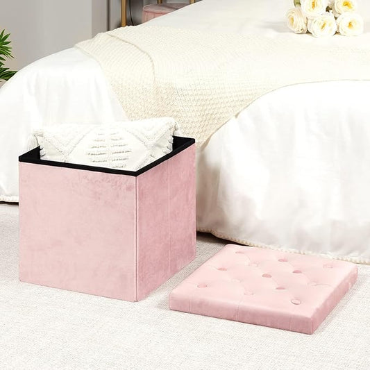 B FSOBEIIALEO Storage Ottoman Cube, Velvet Tufted Folding Ottomans with Lid, Footstool Rest Padded Seat for Bedroom (Pink, Medium)