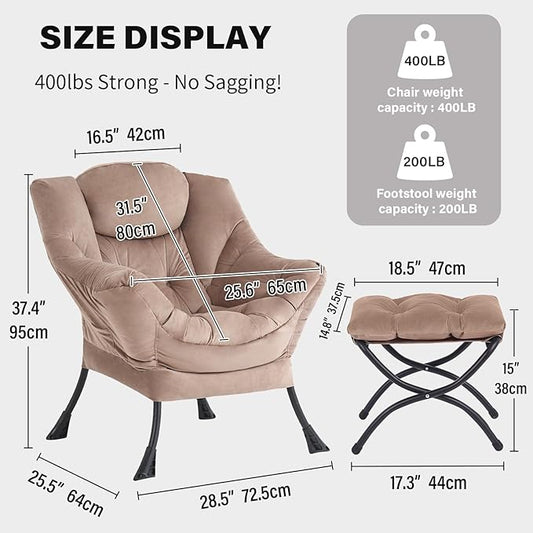 Tiita Lazy Chair with Ottoman, Modern Large Accent Lounge Armchair, Comfy Leisure Sofa Reading Chair with Footrest for Bedroom, Living Room, Dorm Rooms, Garden and Courtyard, Velvet Khaki
