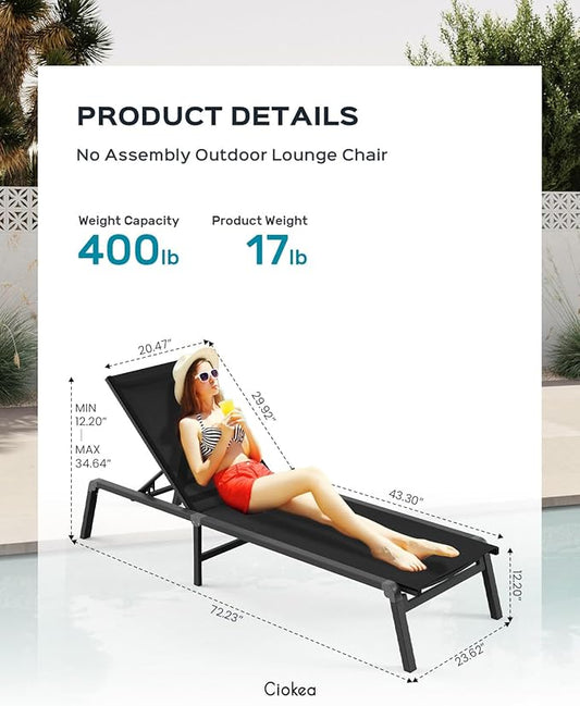 Patio Chaise Lounge Chair Set of 4, Foldable Lounge Chair for Outside, Aluminum Chairs with 5 Adjustable Backrest, Outdoor Pool Lounger for Poolside, Lawn, Patio, Black