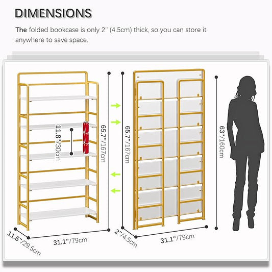 4NM No Assembly Extra Wide 5 Tiers Folding Bookshelf Storage Shelves Vintage Bookcase Standing Racks Study Organizer Home Office (White Gold)