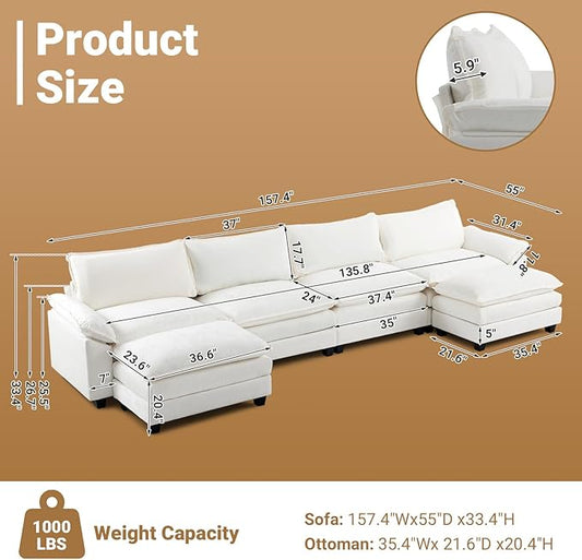 VINGLI 157" Cloud White/Cream Convertible Sectional Sofa, Comfy U-Shape Extra Deep Seat Sofa Couch for Living Room,Modern Chenille 4-Seat Convertible Sofa with 2 Movable Ottomans for Small Space