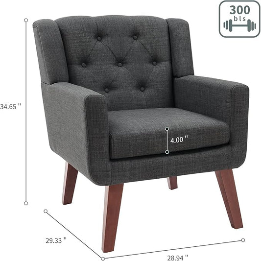 Accent Chair Button-Tufted Upholstered Living Room Chairs Comfy Reading Chair Mid Century Modern Chair with Linen Fabric Lounge Arm Chairs for Living Room Bedroom (Dark Grey)