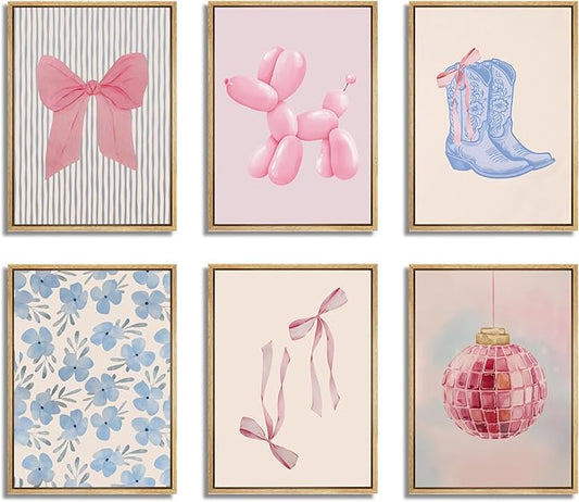 Blue and Pink Preppy Poster Set of 6 Cute Coquette Bow Boots Wall Art Aesthetic Coastal Wall Art, Trendy Girls Dorm Decor Cute Pink Bows Wall Decor for Bedroom Living Room Unframed 8x10 Inch