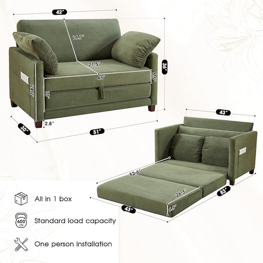 51" Convertible Loveseat Sofa Bed, 2-in-1 Folding Sofa Bed with 2 Pillow for Small Spaces, Modern Loveseat Sleeper Couch for Apartment, Living Room & Guest Room (Green Corduroy, 51 inch)