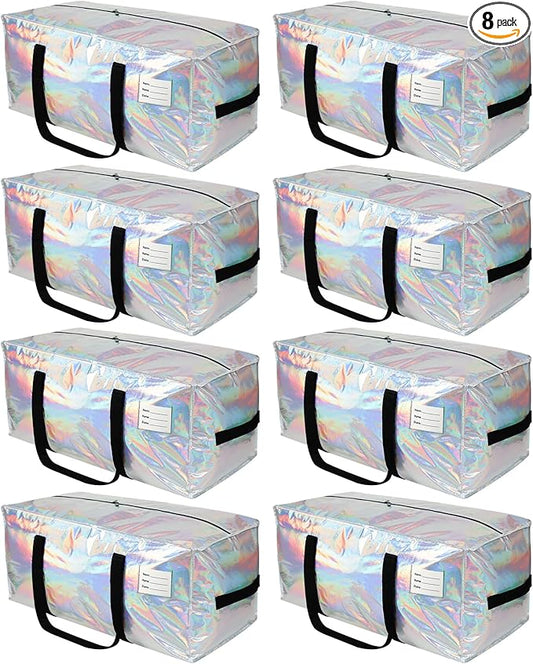8 Pack Extra Heavy Duty Large Moving Bags with Comfortable Handle & Strong Zipper,Storage Totes for Space Saving Moving Storage College Supplies Alternative to Moving Box,Iridescent